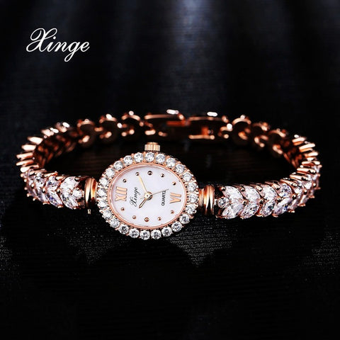 Xinge Luxury Women Rose Gold Watches Zircon Crystal Bracelet Watch Business Quartz Wristwatches Ladies Dress Fashion Wrist Watch