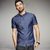 KUEGOU 2017 Summer Mens Denim Shirts Zipper Pocket Blue Color Brand Clothing Man's Short Sleeve Slim Fit Male Jeans Clothes 0803