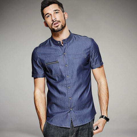 KUEGOU 2017 Summer Mens Denim Shirts Zipper Pocket Blue Color Brand Clothing Man's Short Sleeve Slim Fit Male Jeans Clothes 0803