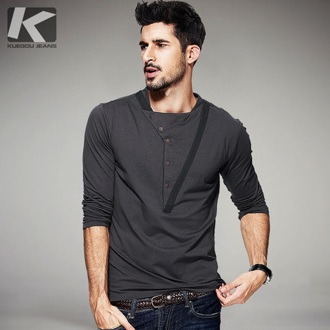 KUEGOU 2017 Autumn Mens Fashion T Shirts Patchwork Button Gray Brand Clothing Fit Man's Long Sleeve Slim T-Shirts Plus Size 1307