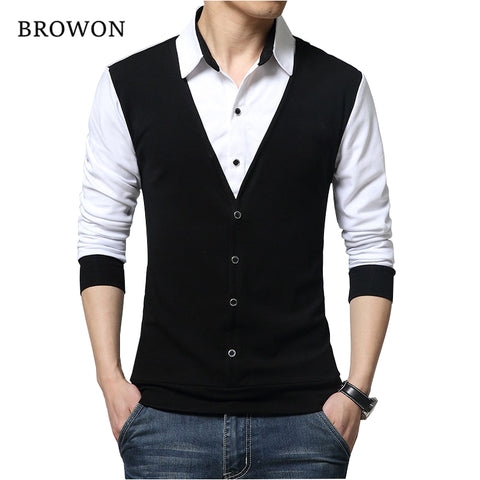 BROWON Brand Autumn Mens T Shirts Fashion 2017 Fake Two Designer Clothing Cool T-shirt Men Long Sleeve T Shirt Casual Male