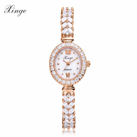 Xinge Luxury Women Rose Gold Watches Zircon Crystal Bracelet Watch Business Quartz Wristwatches Ladies Dress Fashion Wrist Watch