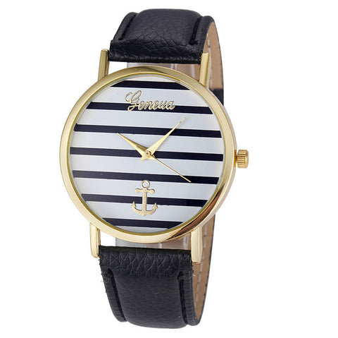 Women Geneva Striped Anchor Analog Leather Quartz Wrist Watch+Black