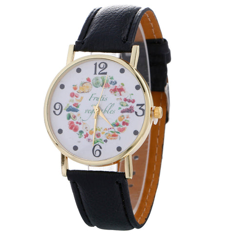 Stylish Fruit And Vegetable Printing Leather Bracelet Lady Womans Wrist Watch