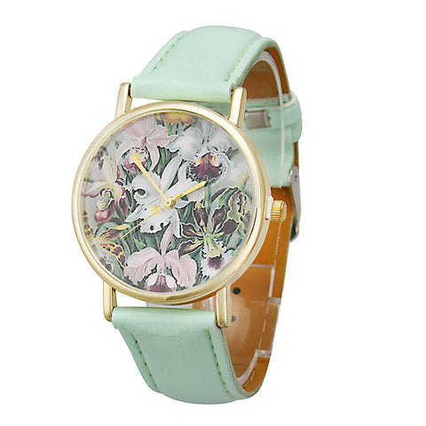 Flowers Women Men Leather Band Analog Quartz Dial Wrist Watch