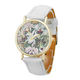 Flowers Women Men Leather Band Analog Quartz Dial Wrist Watch