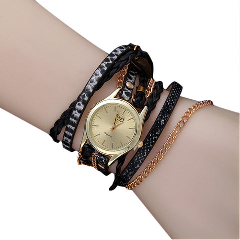 Women Fine Leather Band Winding Analog Quartz Movement Wrist Watch