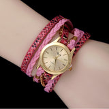 Women Fine Leather Band Winding Analog Quartz Movement Wrist Watch