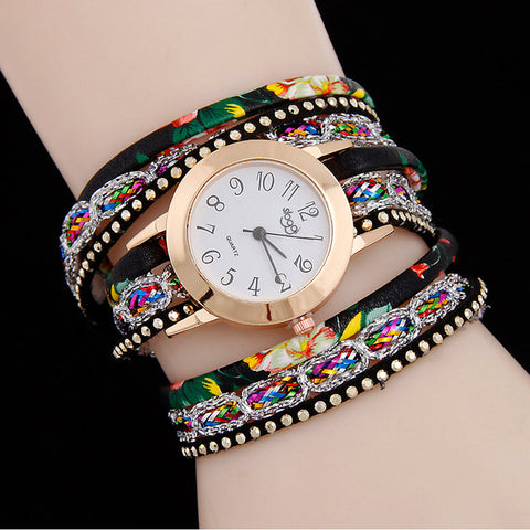Women Fine Leather Band Winding Analog Quartz Movement Wrist Watch
