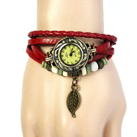 Womens Bracelet Weave Wrap Quartz Leather Leafads Wrist Watches