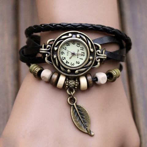 Womens Bracelet Weave Wrap Quartz Leather Leafads Wrist Watches