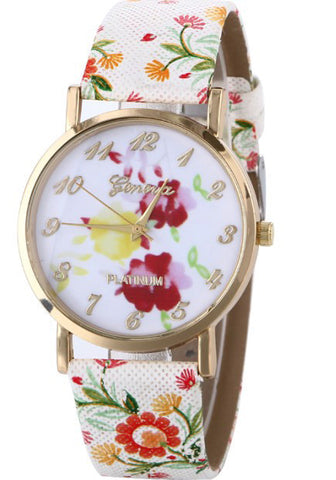 Flower Patterns Leather Band Analog Quartz Vogue Wrist Watches