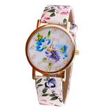 Flower Patterns Leather Band Analog Quartz Vogue Wrist Watches